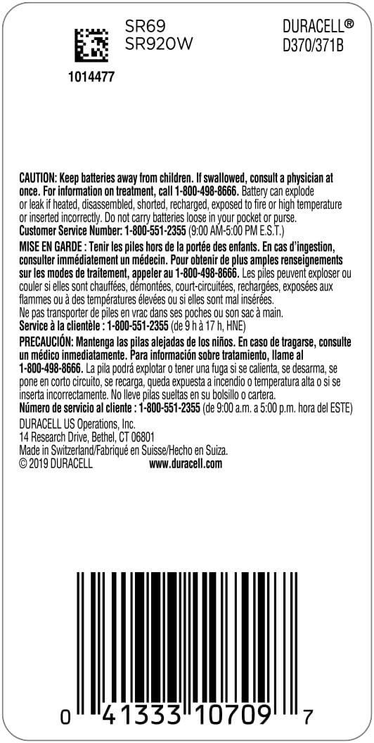 Pile bouton à oxyde d'argent Duracell 370/371, 1 paquet, pile 370/371 1,5 V, longue durée pour montres, appareils médicaux, calculatrices, etc. 