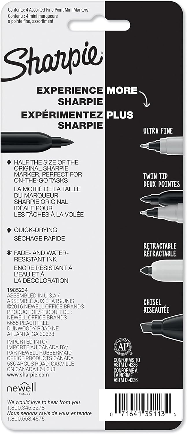 Sharpie MINI Marker Permanent, Permanent Marker Fine, 4-Carded, Assorted Inks (35113PP)